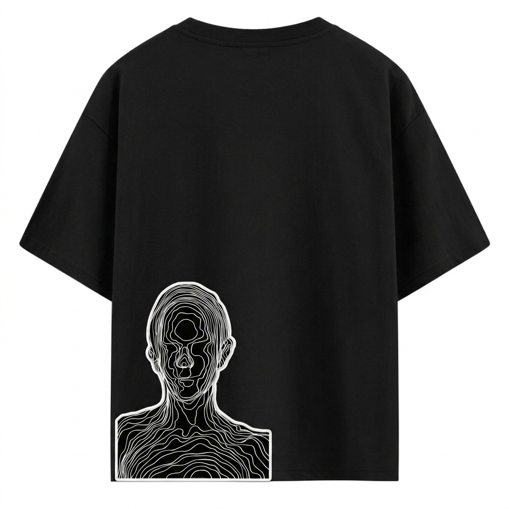 “Man wearing an oversized black t-shirt with a white abstract line-art face graphic printed on the back, paired with black cargo pants against a gray concrete wall background.