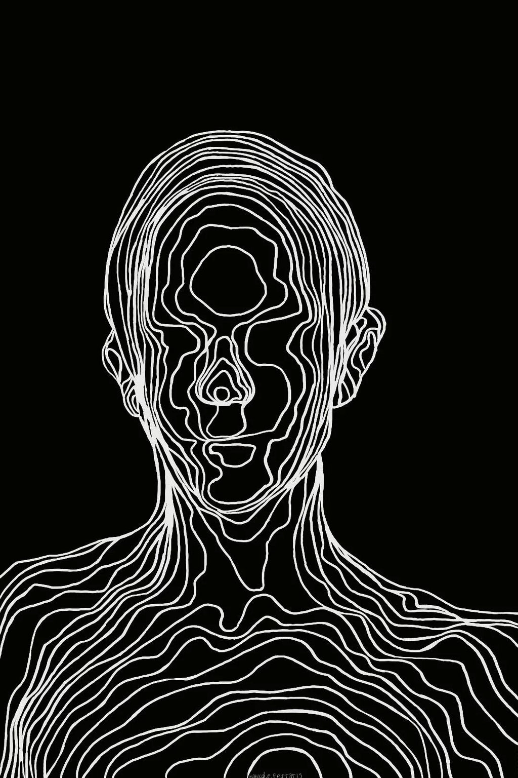 “Man wearing an oversized black t-shirt with a white abstract line-art face graphic printed on the back, paired with black cargo pants against a gray concrete wall background.