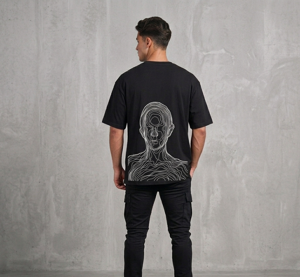 Man wearing an oversized black t-shirt with a white abstract line-art face graphic printed on the back, paired with black cargo pants against a gray concrete wall background.