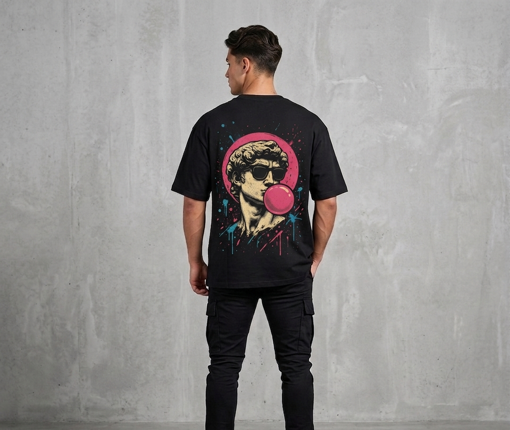 “Man wearing a black oversized Akido graphic t-shirt featuring a retro-style statue illustration with sunglasses and pink bubble gum artwork on the back, standing against a gray concrete wall.”