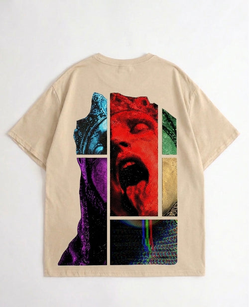 Beige AKIDO oversized 100% pure cotton graphic t-shirt featuring a colorful abstract pop art face design with multi-panel glitch-style artwork printed on the back in modern streetwear style.