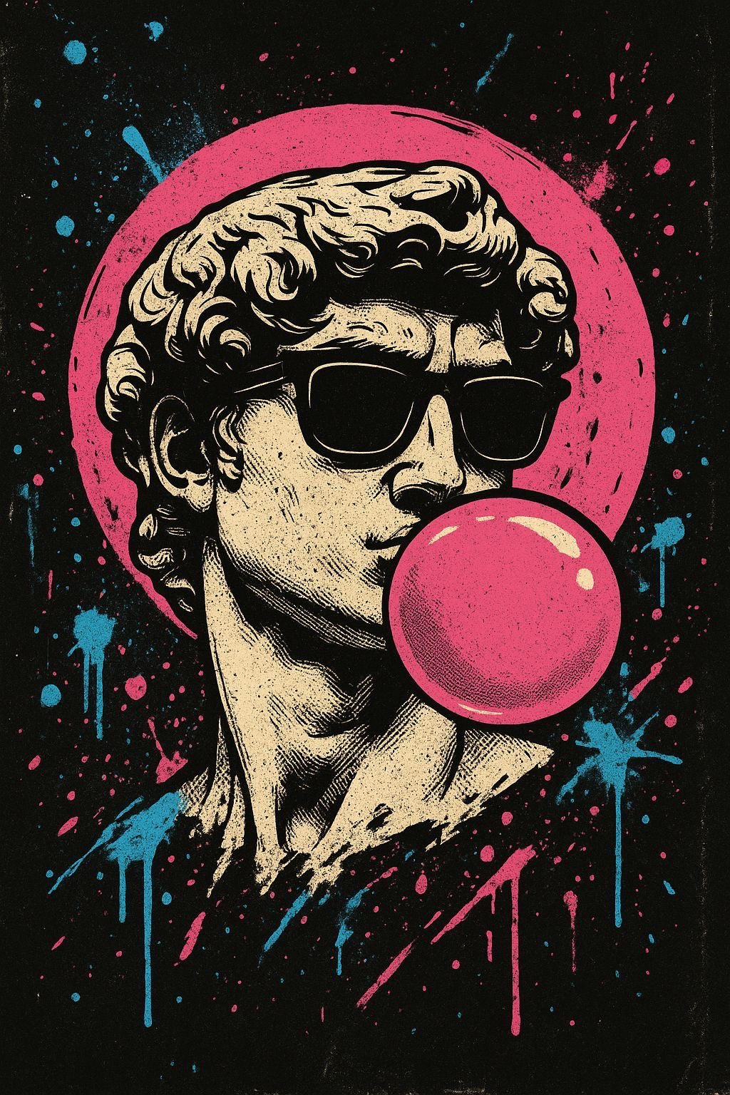 “Man wearing a black oversized Akido graphic t-shirt featuring a retro-style statue illustration with sunglasses and pink bubble gum artwork on the back, standing against a gray concrete wall.”