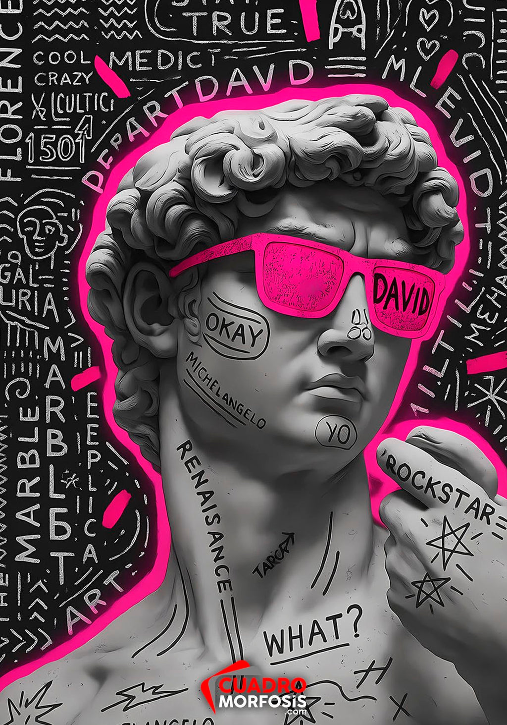 "Rear view of a male model wearing a black Akido oversized streetwear t-shirt featuring a large graphic print on the back. The graphic displays a grayscale statue of Michelangelo's David wearing vibrant neon pink sunglasses, surrounded by white graffiti text, doodles, and a pink neon outline, set against a concrete wall backdrop."