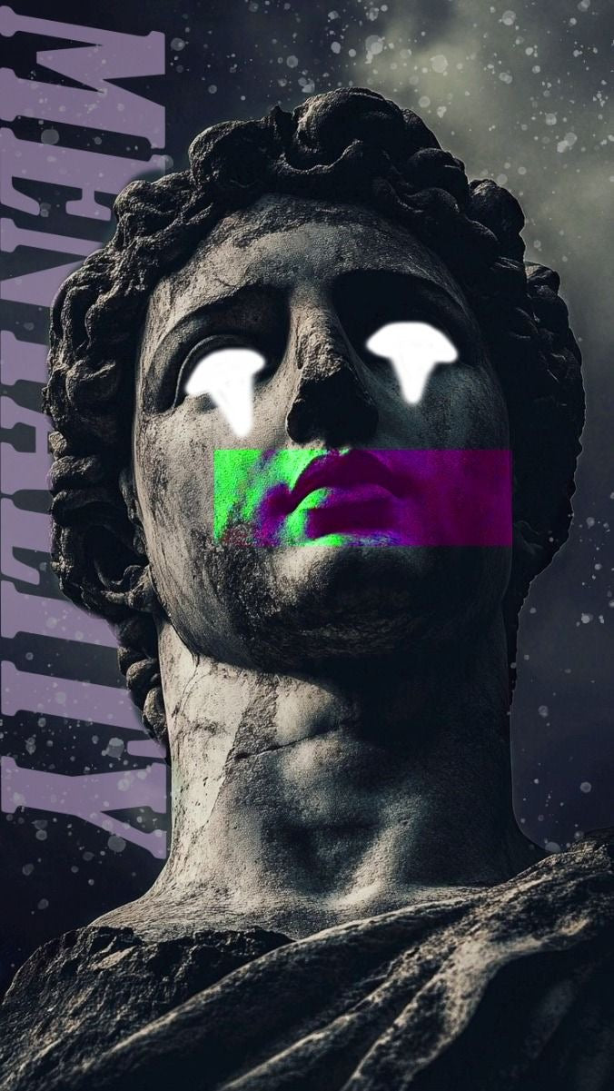 Black AKIDO oversized 100% pure cotton graphic t-shirt featuring an abstract classical statue artwork with glowing eyes, neon glitch effects, and dark aesthetic streetwear design printed on the back.