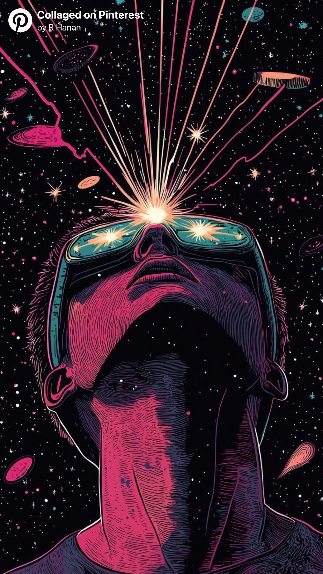 Black AKIDO oversized 100% pure cotton graphic t-shirt featuring a futuristic cosmic artwork of a person wearing reflective glasses with neon galaxy beams, planets, and stars printed on the back in cyber streetwear style.