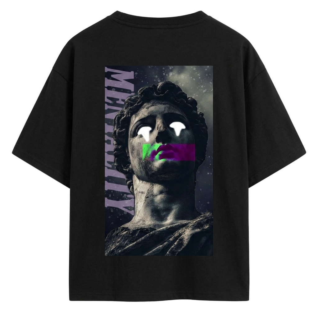 Black AKIDO oversized 100% pure cotton graphic t-shirt featuring an abstract classical statue artwork with glowing eyes, neon glitch effects, and dark aesthetic streetwear design printed on the back.