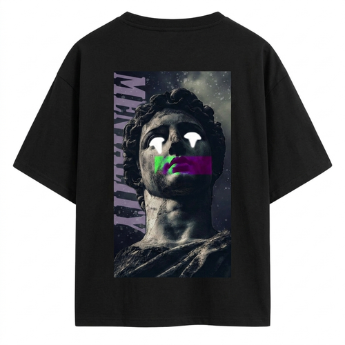 Black AKIDO oversized 100% pure cotton graphic t-shirt featuring an abstract classical statue artwork with glowing eyes, neon glitch effects, and dark aesthetic streetwear design printed on the back.