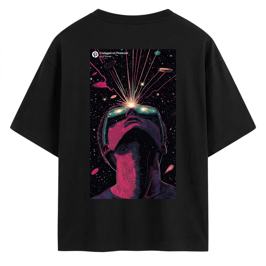 Black AKIDO oversized 100% pure cotton graphic t-shirt featuring a futuristic cosmic artwork of a person wearing reflective glasses with neon galaxy beams, planets, and stars printed on the back in cyber streetwear style.
