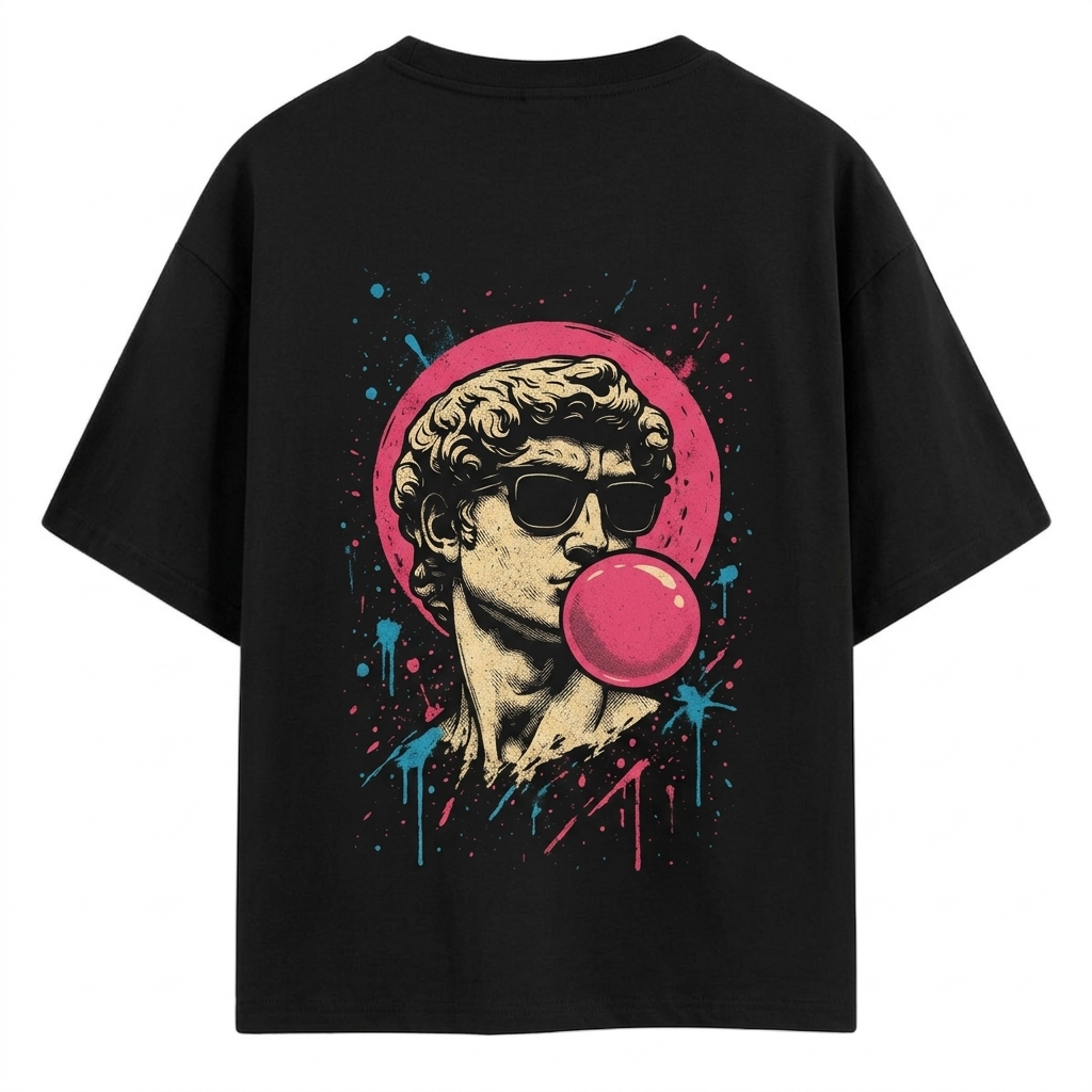 “Man wearing a black oversized Akido graphic t-shirt featuring a retro-style statue illustration with sunglasses and pink bubble gum artwork on the back, standing against a gray concrete wall.”
